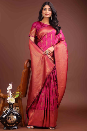 Rani Pink Zari Woven Banarasi Silk Saree With Timeless Tassel Border