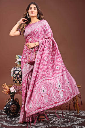 Traditional Bandhani Inspired Woven Pink Saree in Breathable Linen Cotton