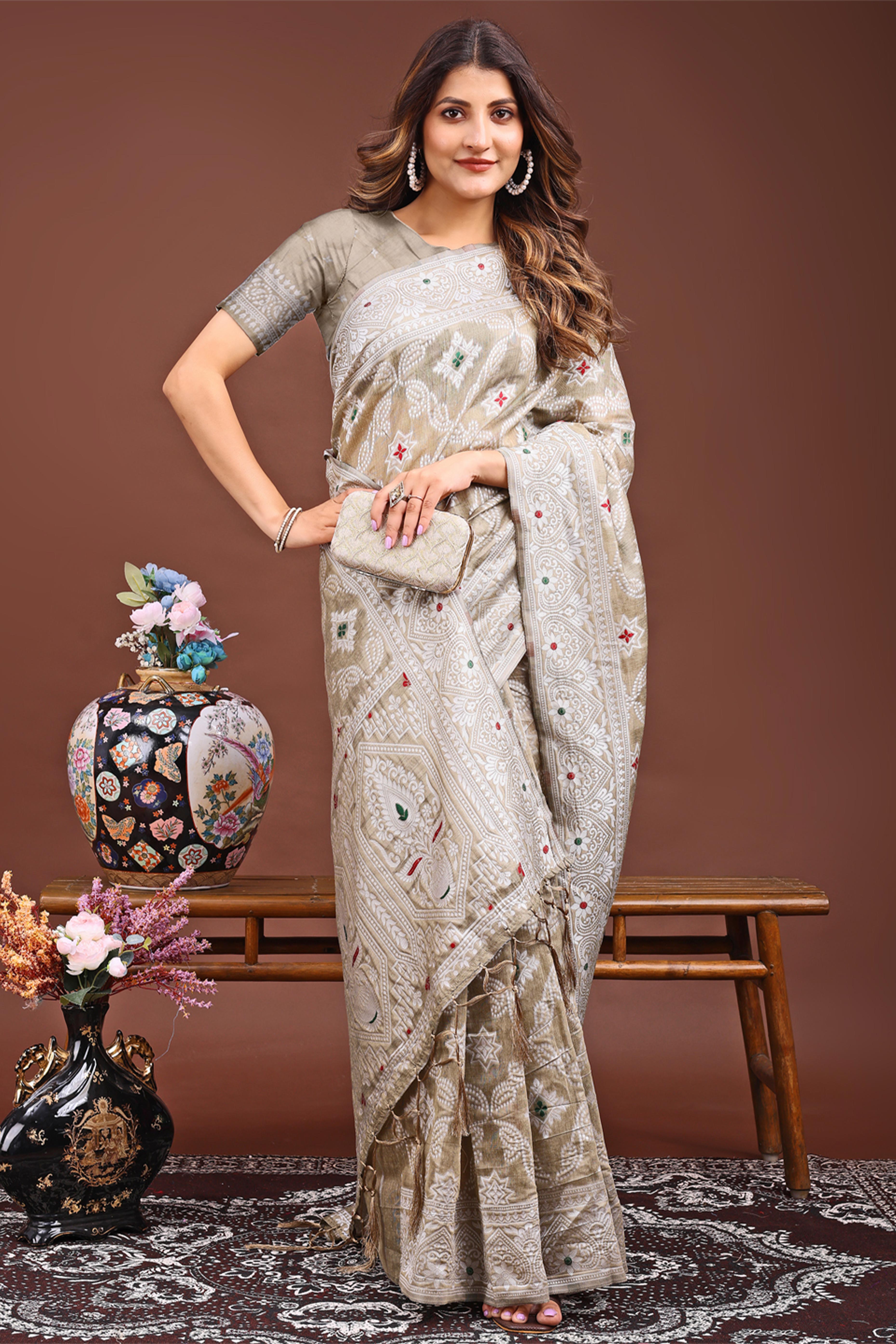 Traditional Bandhani Inspired Woven Brown Saree in Breathable Linen Cotton