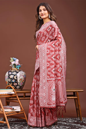 Traditional Bandhani Inspired Woven Peach Saree in Breathable Linen Cotton