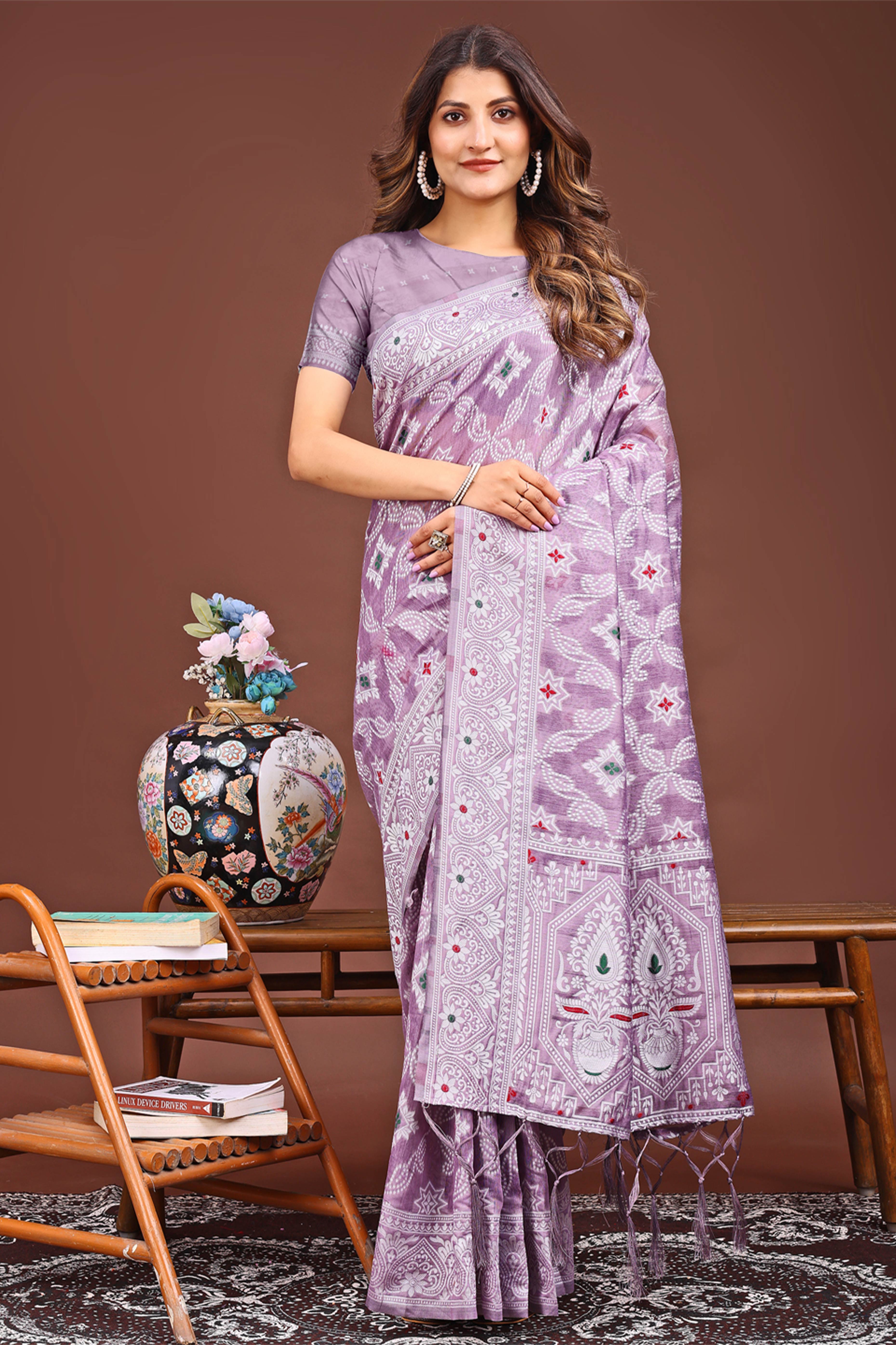 Traditional Bandhani Inspired Woven Purple Saree in Breathable Linen Cotton