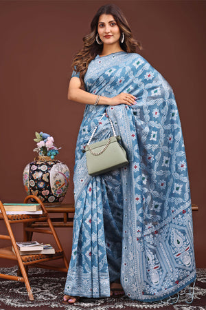 Traditional Bandhani Inspired Woven Sky Blue Saree in Breathable Linen Cotton