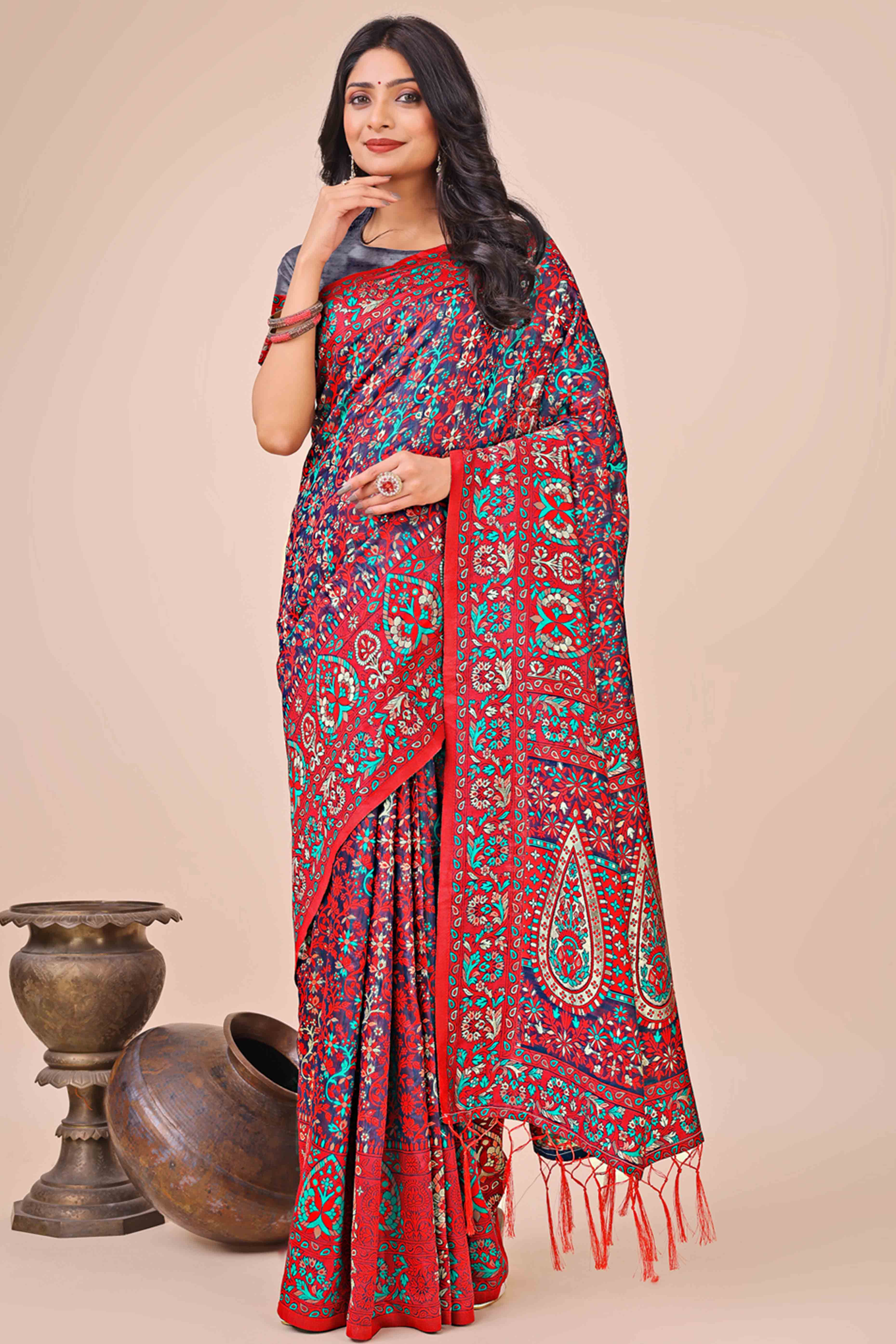 Red & Blue Floral Woven Cotton Blend Saree With A Breezy Tassel Finish