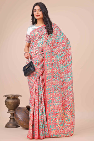 White Floral Woven Cotton Blend Saree With A Breezy Tassel Finish