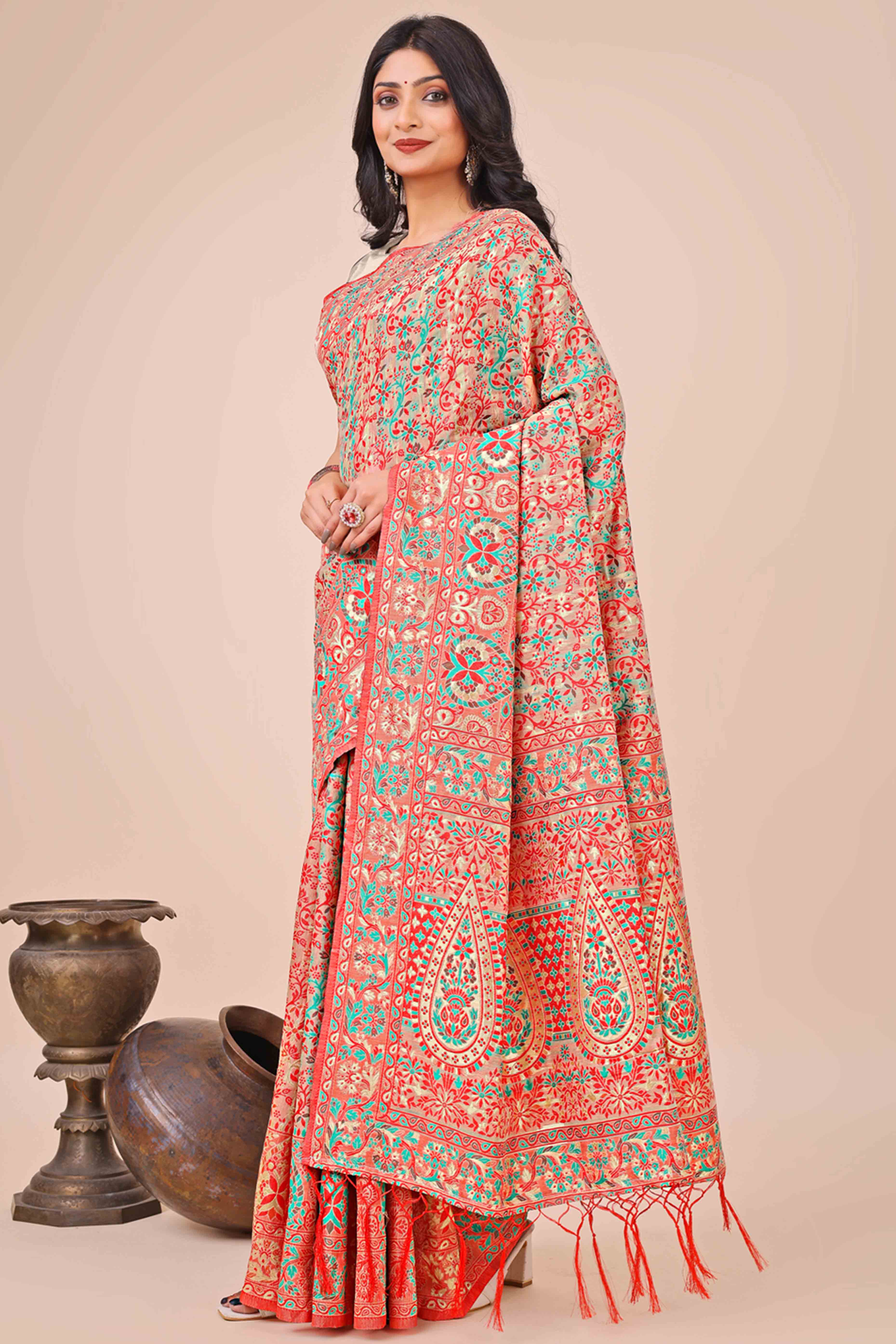 Cream Floral Woven Cotton Blend Saree With A Breezy Tassel Finish