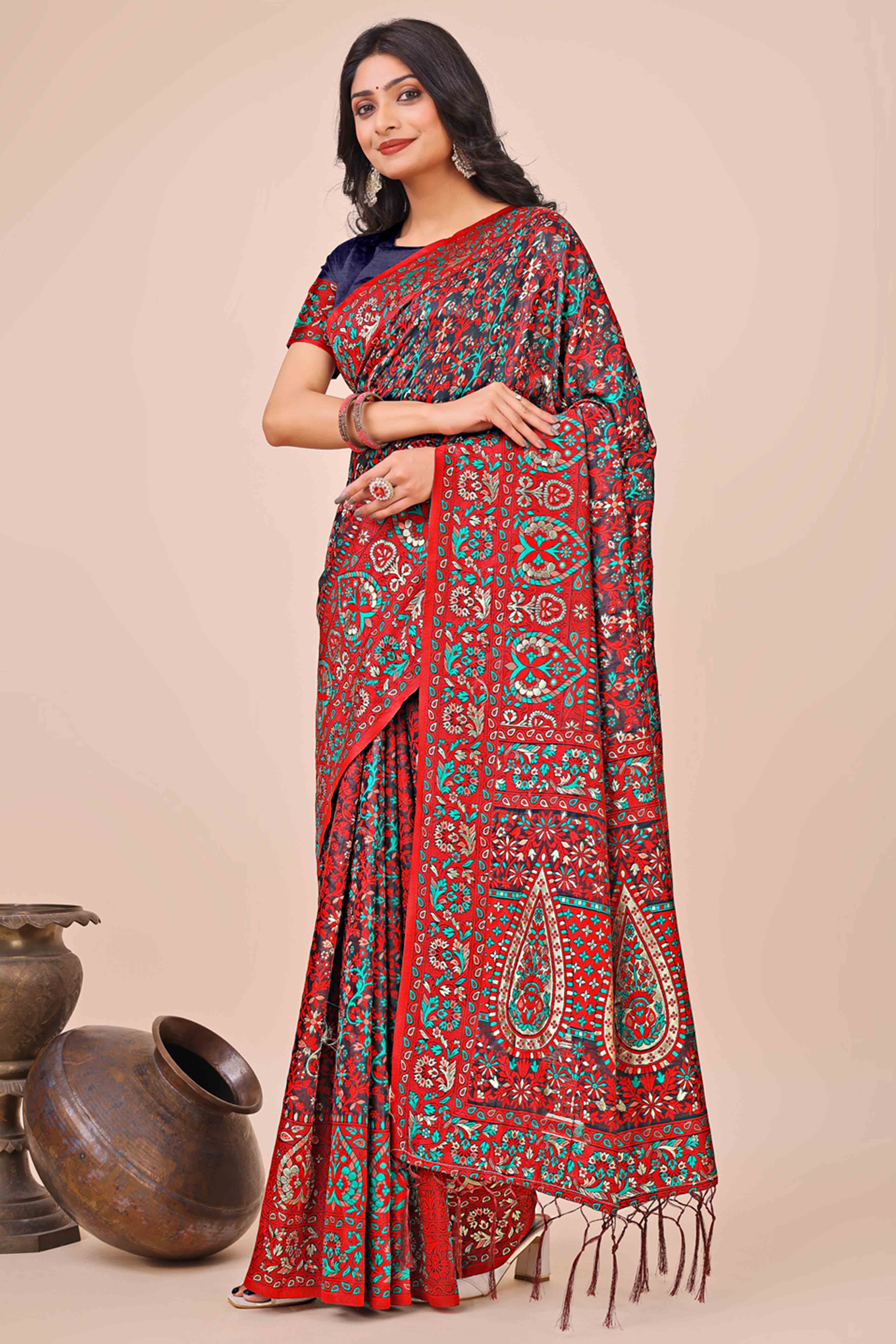 Red & Black Floral Woven Cotton Blend Saree With A Breezy Tassel Finish
