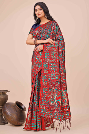 Red & Black Floral Woven Cotton Blend Saree With A Breezy Tassel Finish