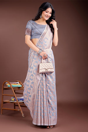 Grey Linen Cotton Saree with Lustrous Zari Borders and Elegant Tassel Accents