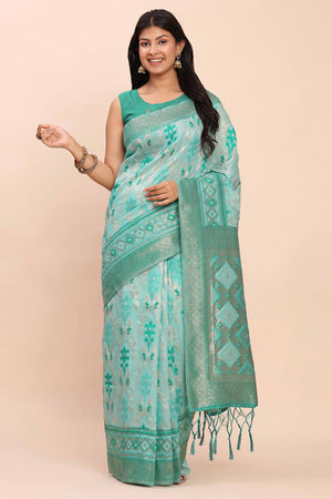 Turquoise Patola Inspired Linen Cotton Saree Adorned With Zari Weaving & Graceful Tassel Pallu