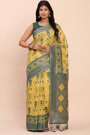 Yellow Patola Inspired Linen Cotton Saree Adorned With Zari Weaving & Graceful Tassel Pallu