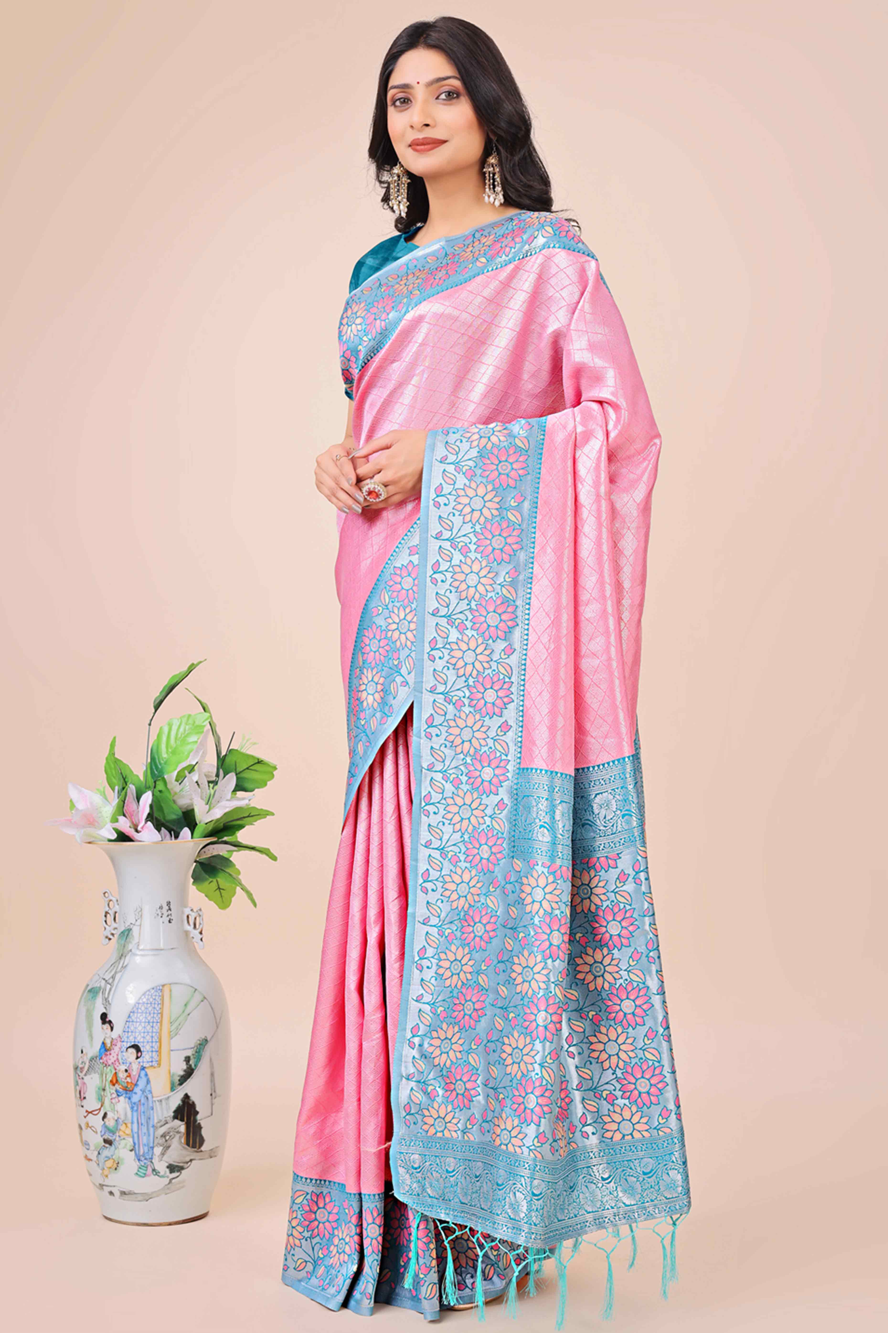 Pink Lichi Silk Blend Saree With Exquisite Floral Weaving & Graceful Tassel Details