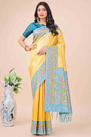 Yellow Lichi Silk Blend Saree With Exquisite Floral Weaving & Graceful Tassel Details
