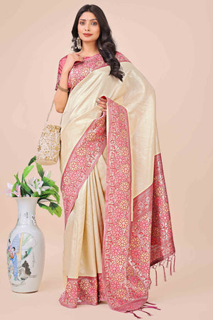 Cream Lichi Silk Blend Saree With Exquisite Floral Weaving & Graceful Tassel Details