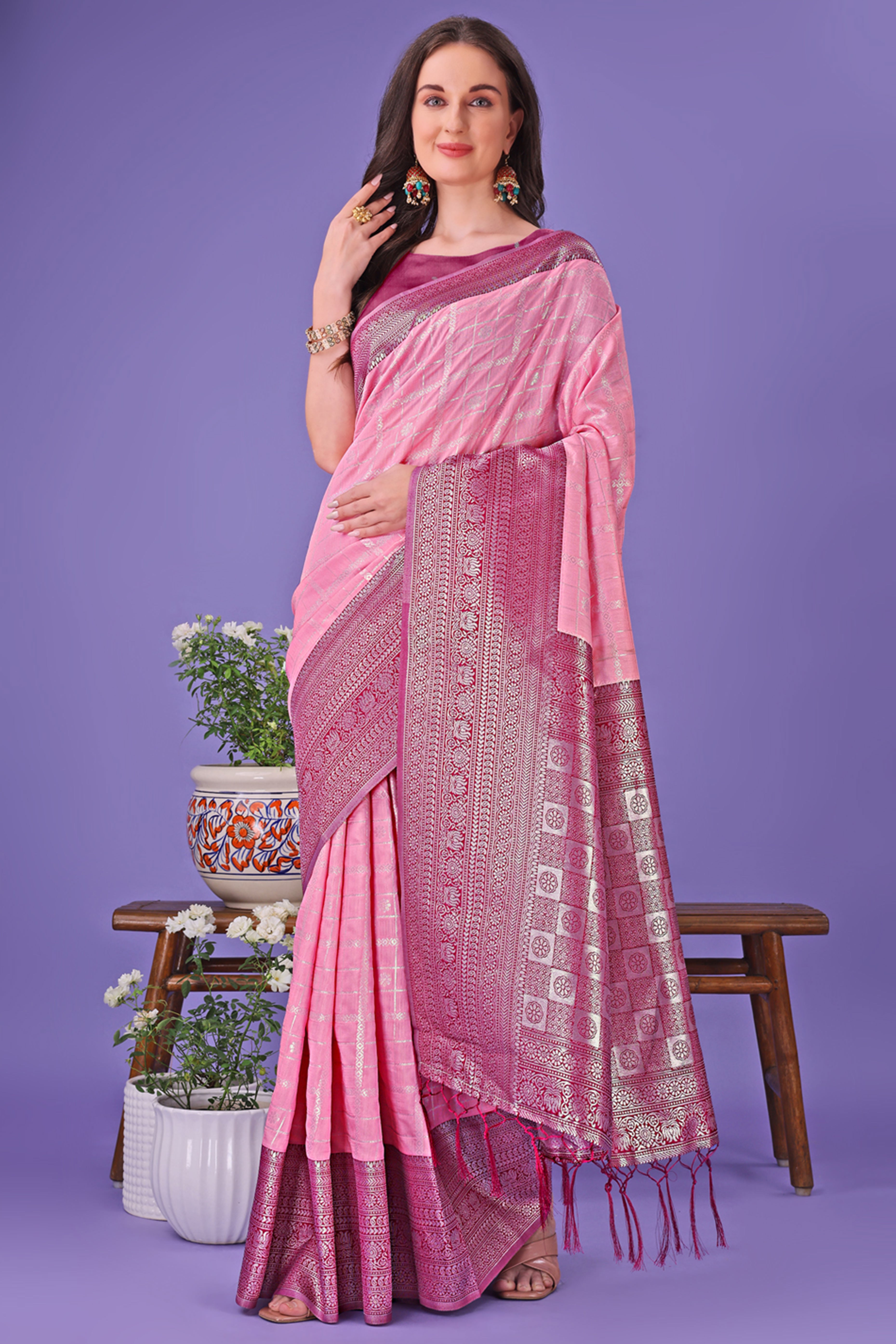 Pink Banarasi Weave in Checked Design with Lustrous Zari Embellishments