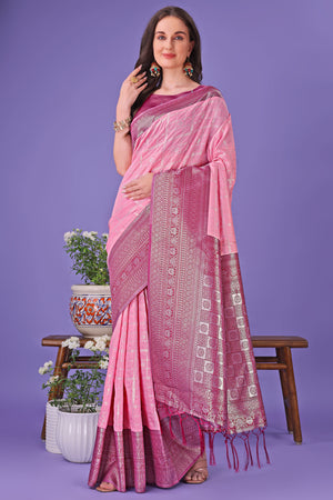 Pink Banarasi Weave in Checked Design with Lustrous Zari Embellishments
