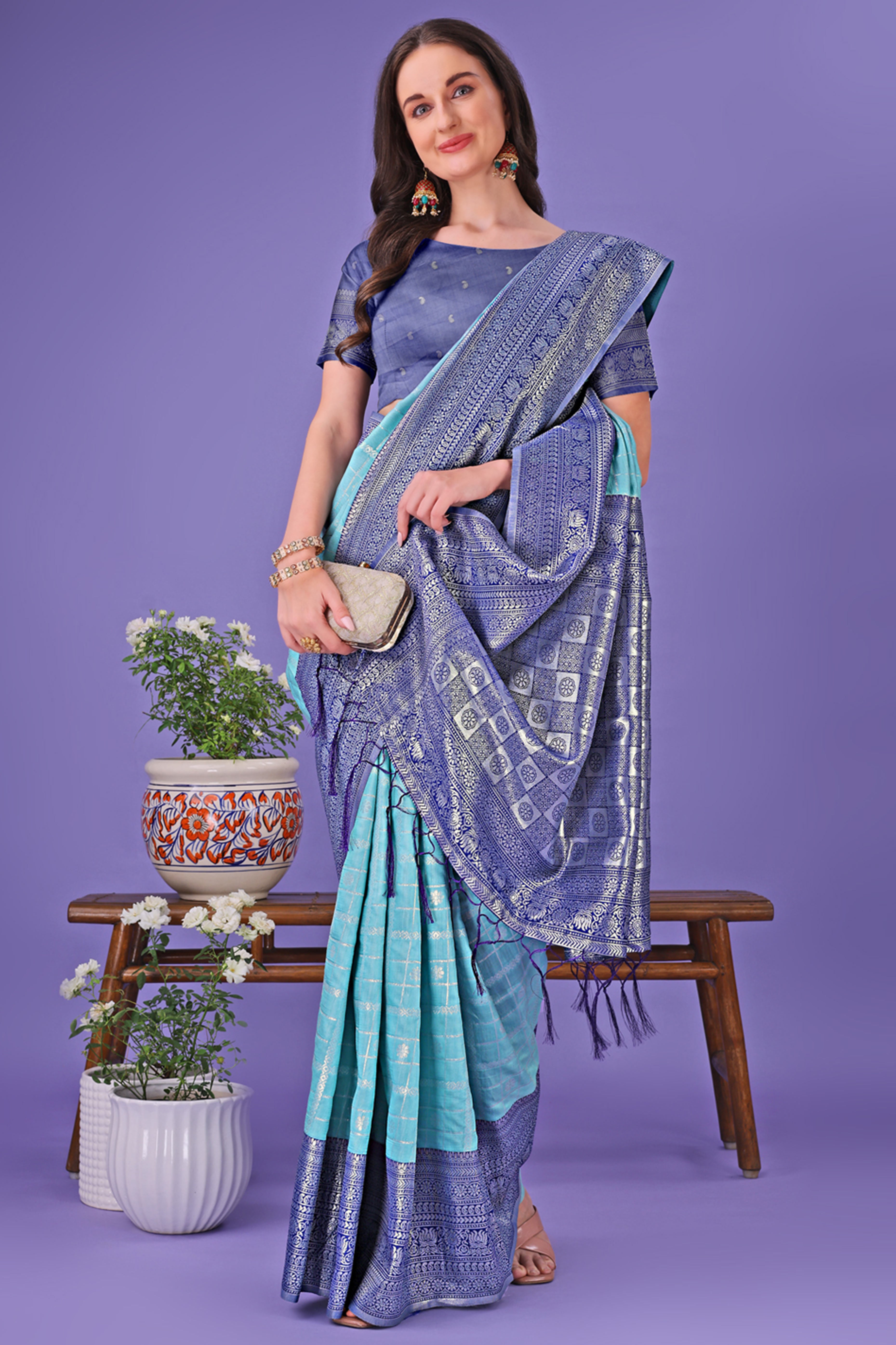 Sky Blue Banarasi Weave in Checked Design with Lustrous Zari Embellishments