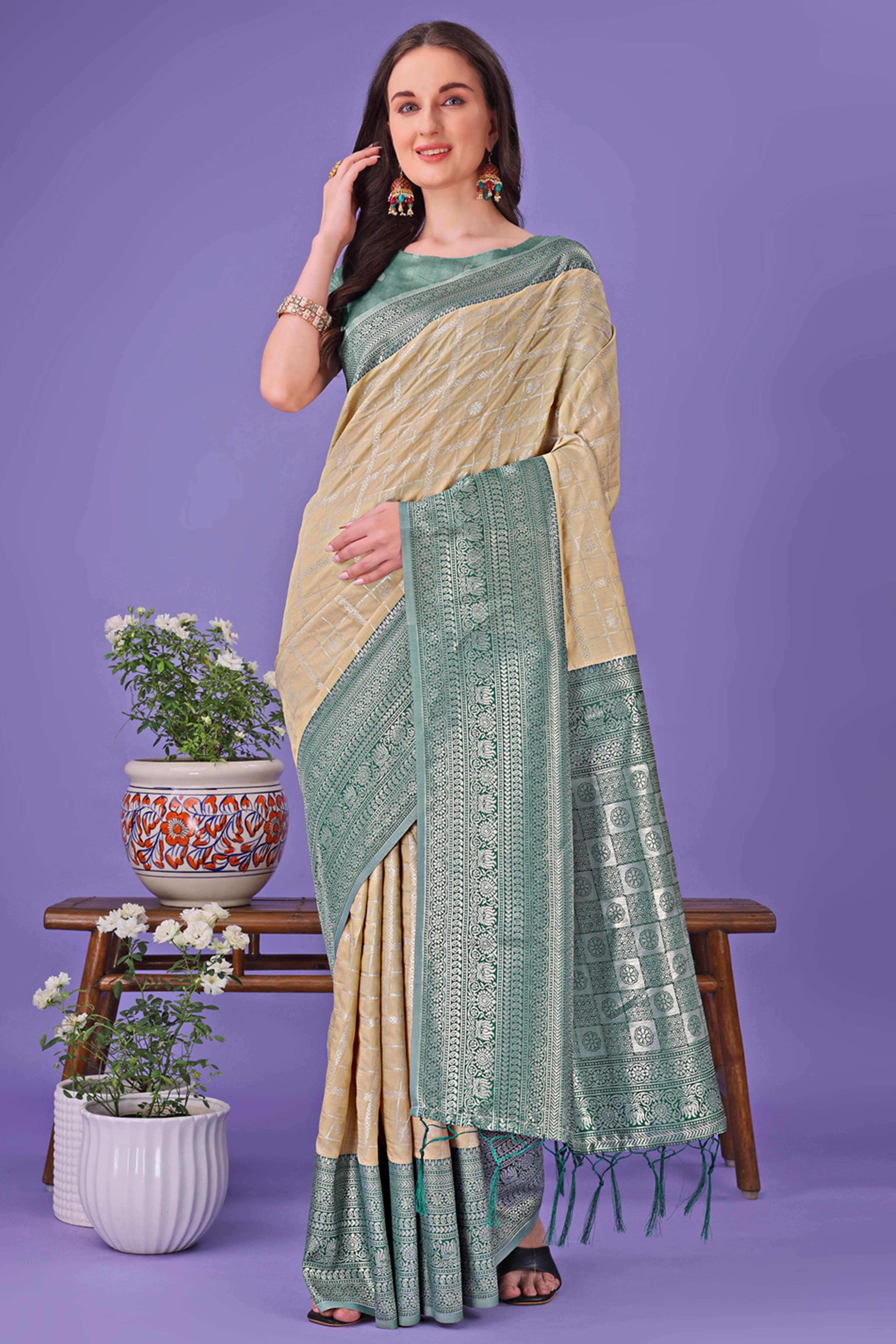 Cream Banarasi Weave in Checked Design with Lustrous Zari Embellishments