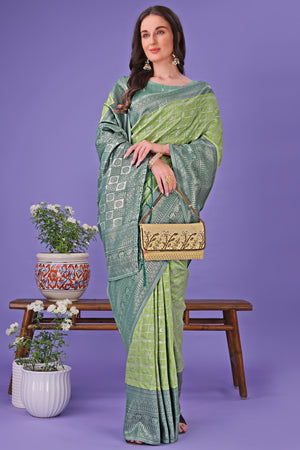 Light Green Banarasi Weave in Checked Design with Lustrous Zari Embellishments