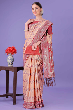 Peach Lichi Cotton Silk Saree Adorned With Floral Zari Weave & Tassels