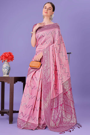 Light Pink Lichi Cotton Silk Saree Adorned With Floral Zari Weave & Tassels