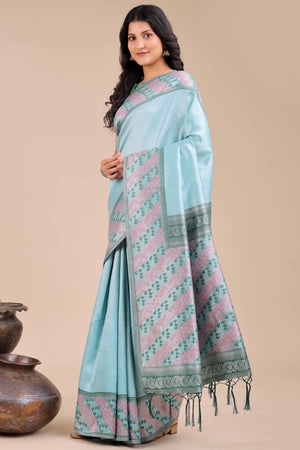 Light Blue Silk Blend Saree Embellished With Zari Weaving & Tassel Accents