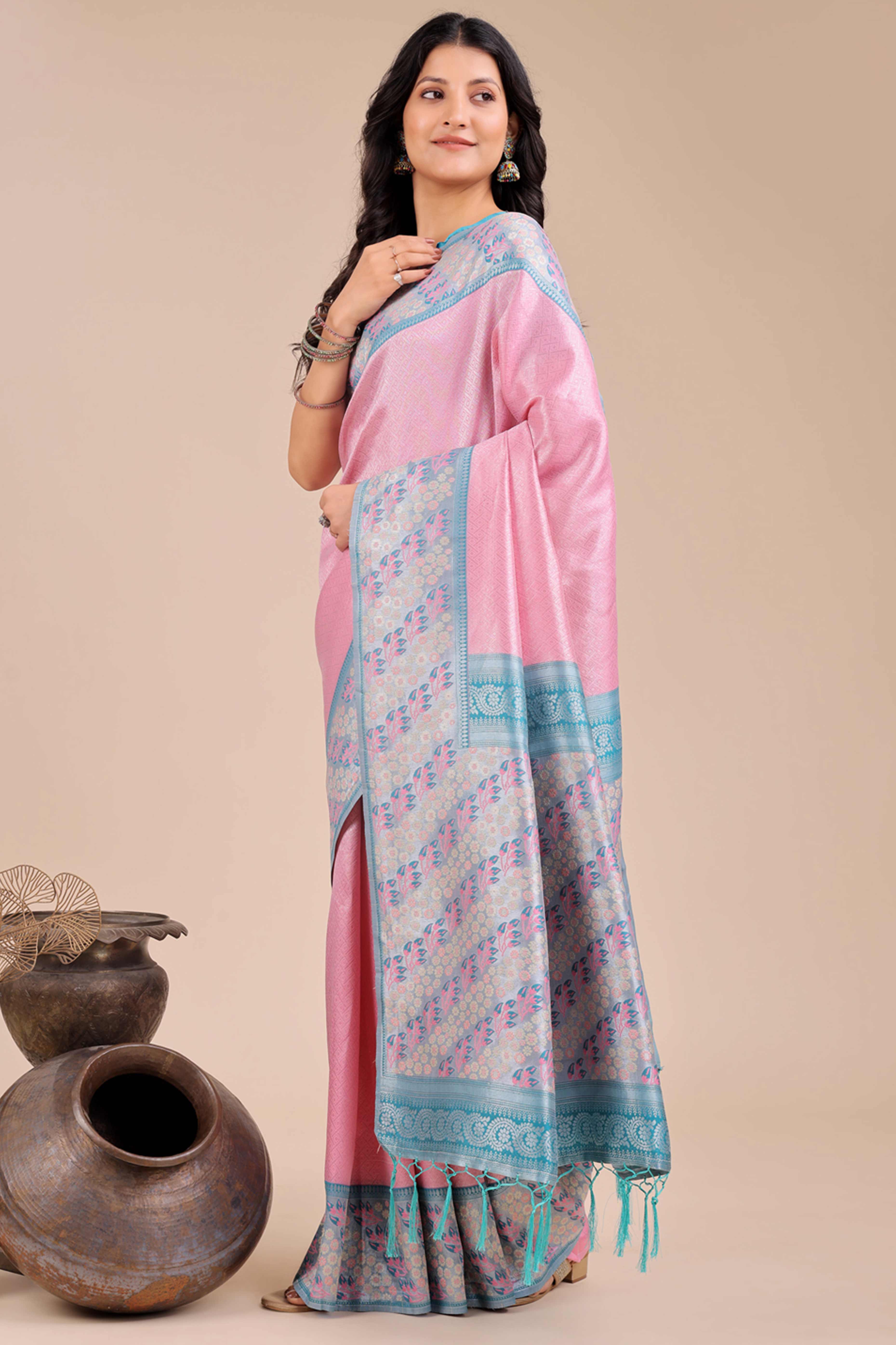 Pink Silk Blend Saree Embellished With Zari Weaving & Tassel Accents