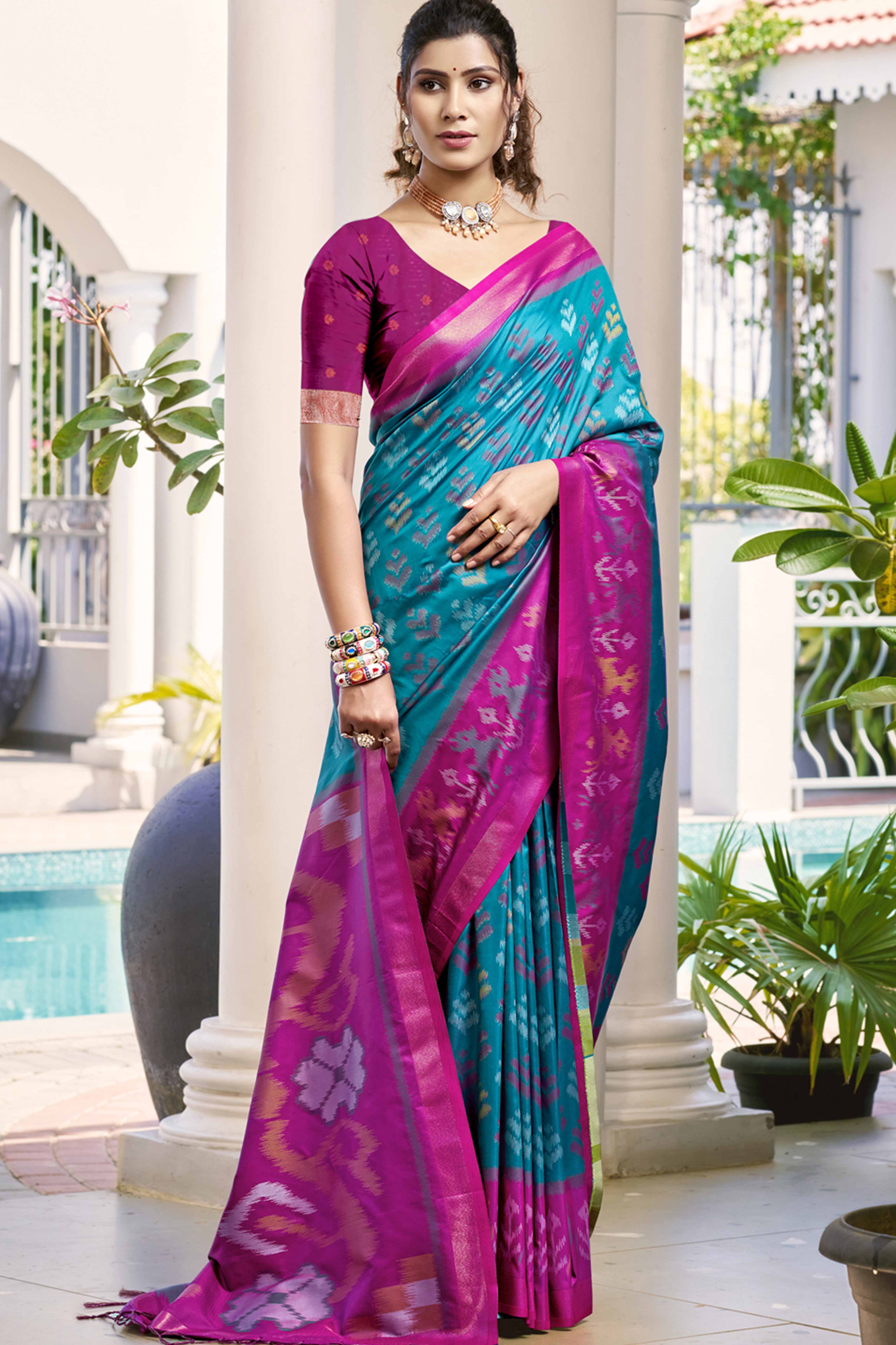 Sky Blue Ikat Woven Silk Saree for Festive Celebrations