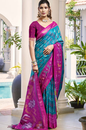 Sky Blue Ikat Woven Silk Saree for Festive Celebrations
