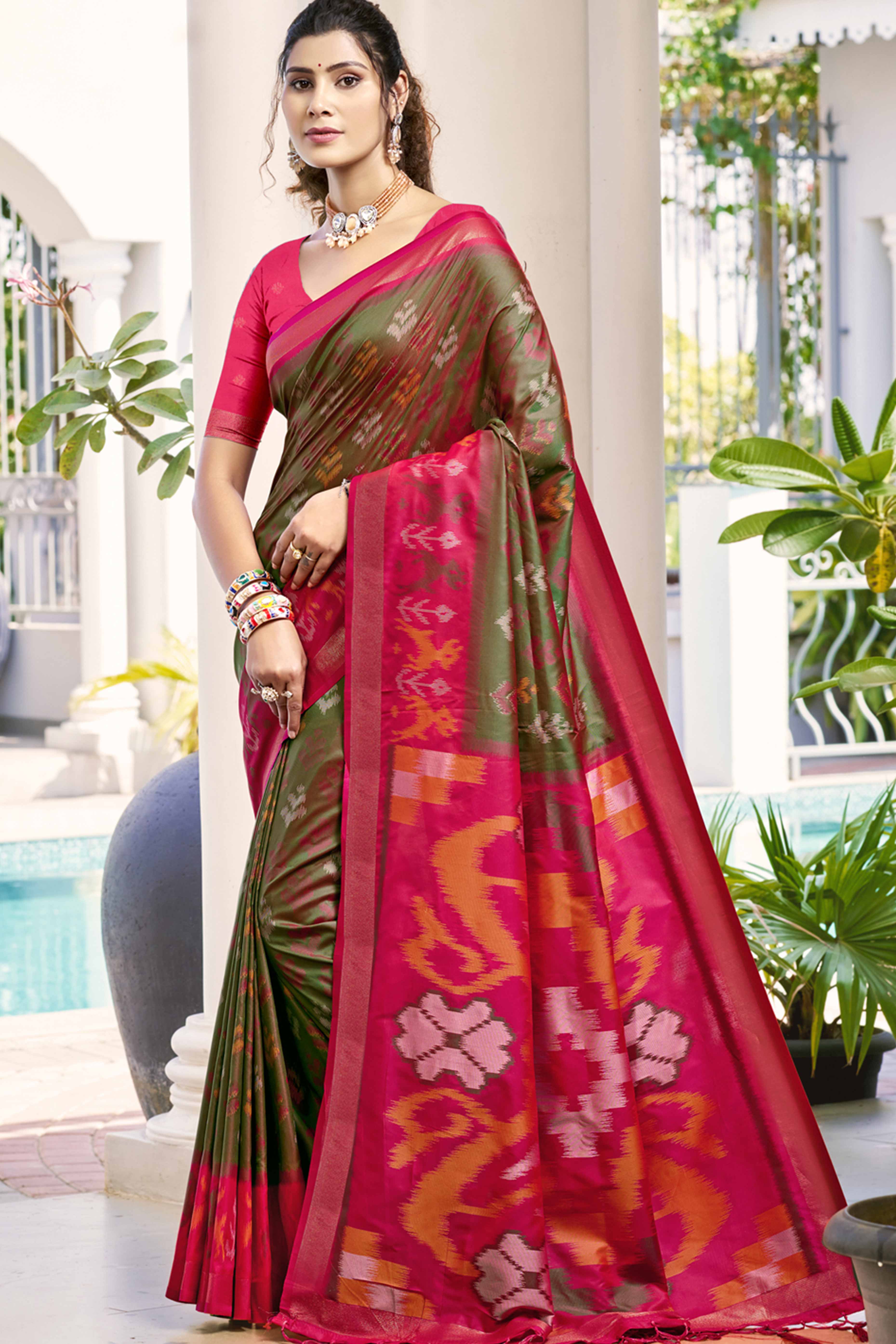 Olive Green Ikat Woven Silk Saree for Festive Celebrations