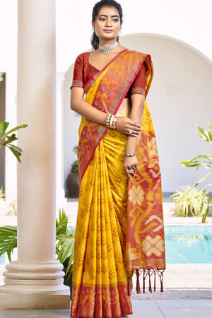 Mustard Yellow Ikat Woven Silk Saree for Festive Celebrations