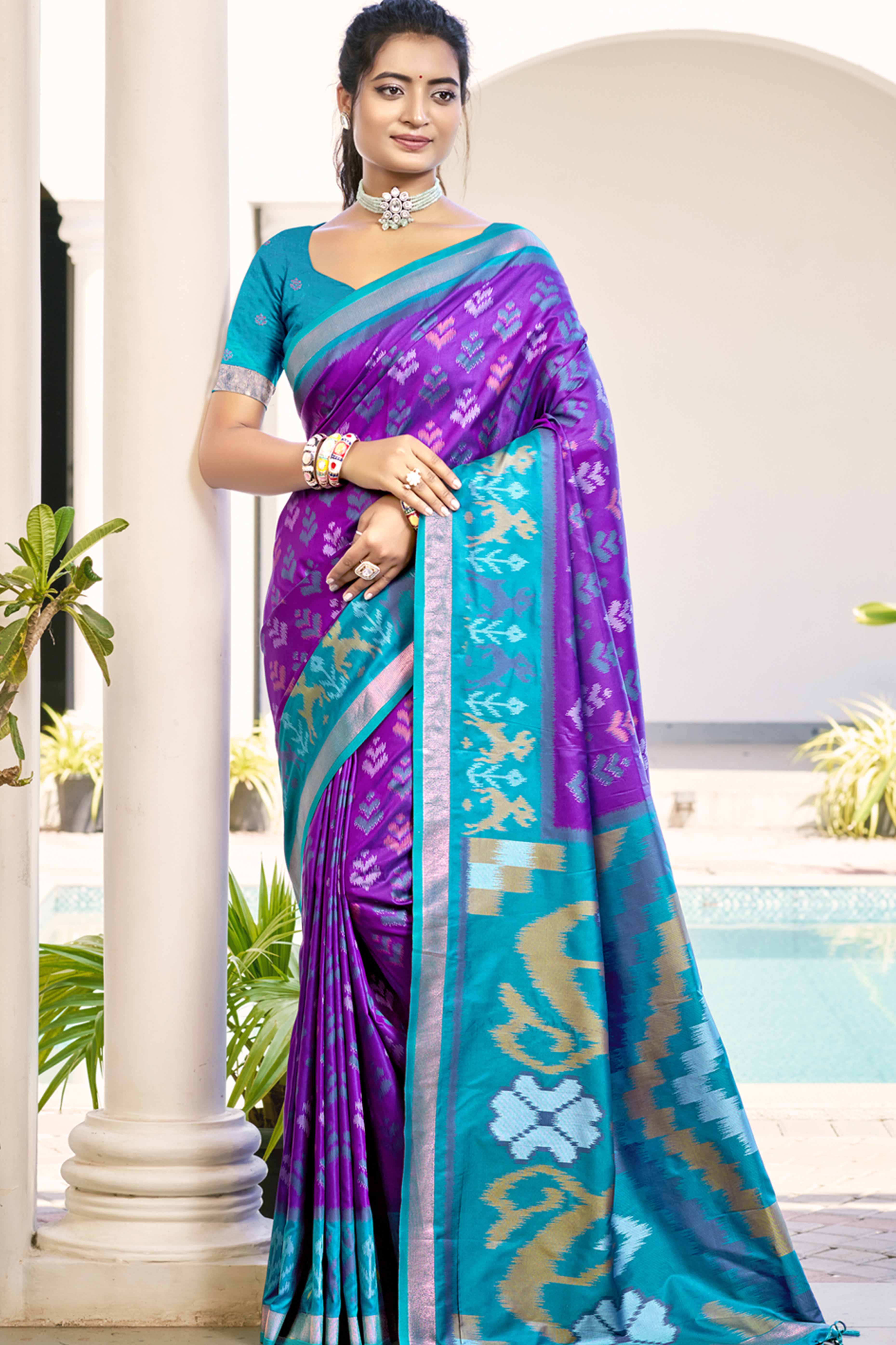 Violet Ikat Woven Silk Saree for Festive Celebrations