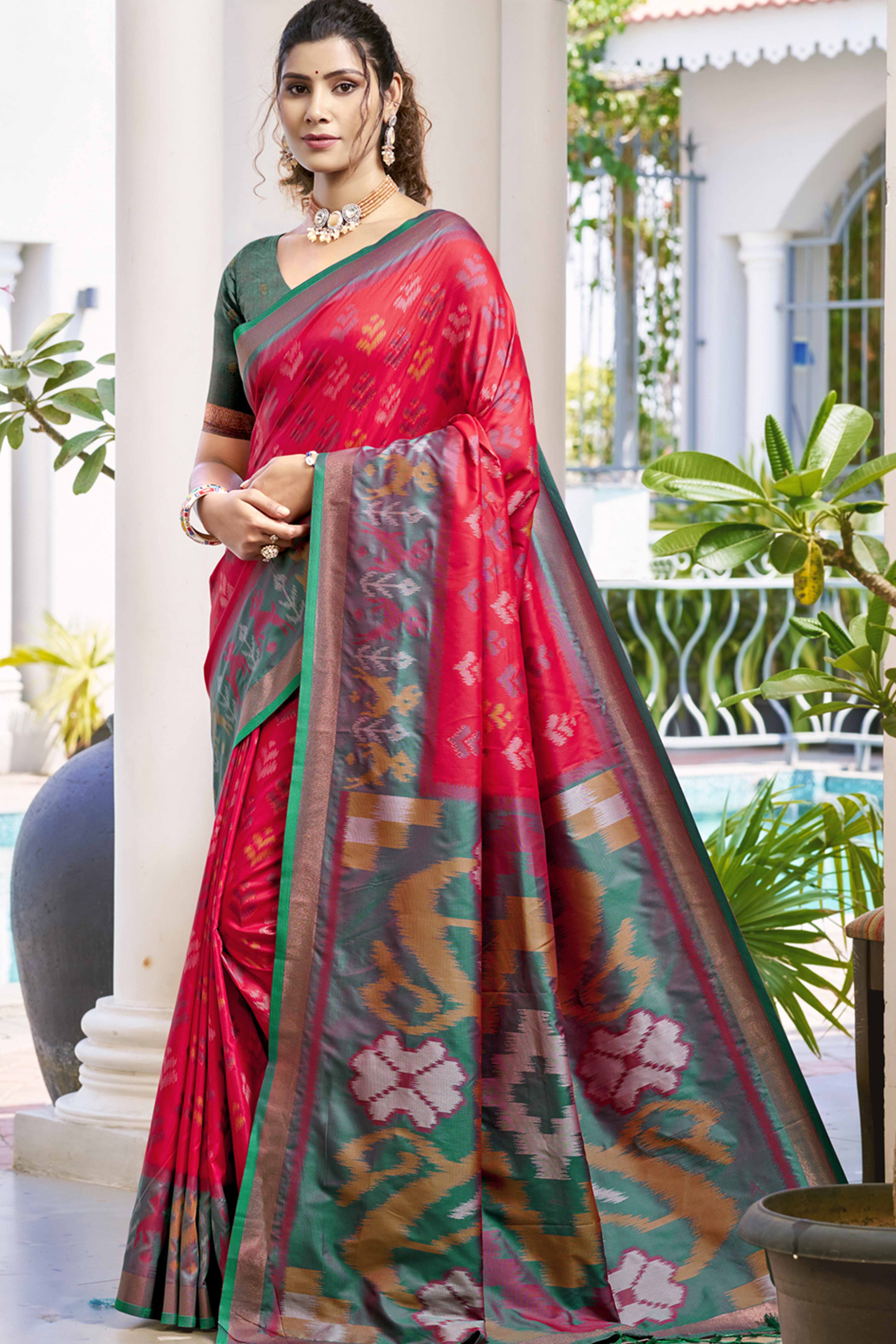 Red Ikat Woven Silk Saree for Festive Celebrations
