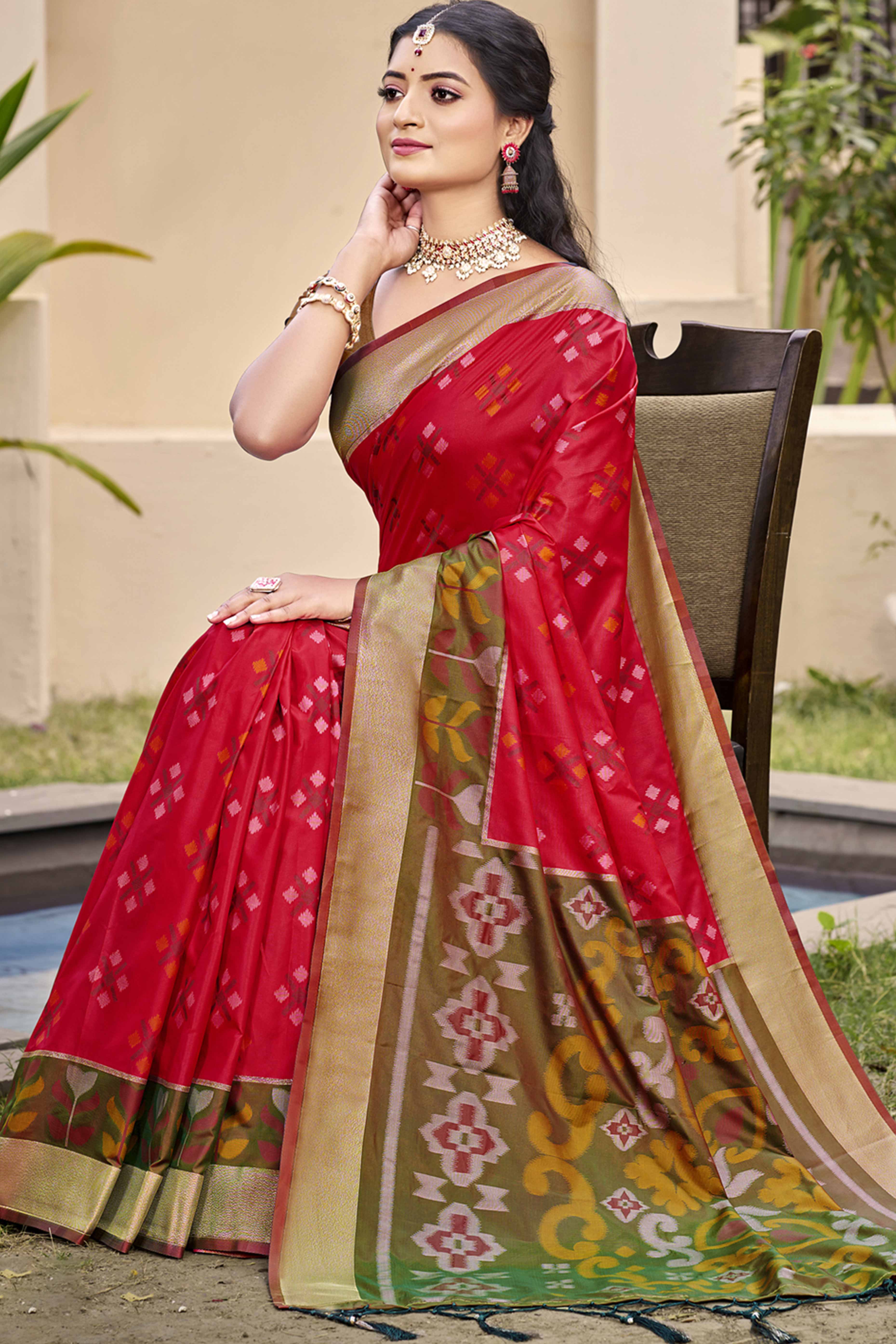 Red Ikat Woven Silk Saree for Festive Celebrations