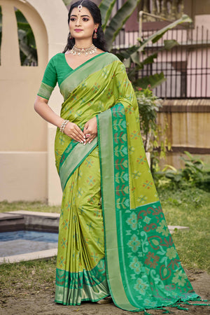Light Green Ikat Woven Silk Saree for Festive Celebrations
