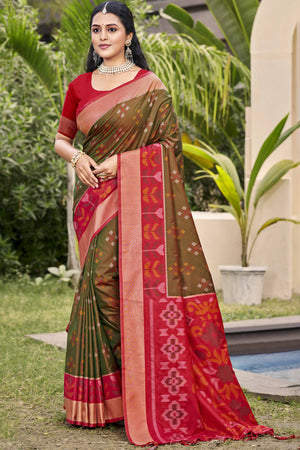 Brown Ikat Woven Silk Saree for Festive Celebrations