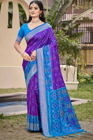 Violet Ikat Woven Silk Saree for Festive Celebrations