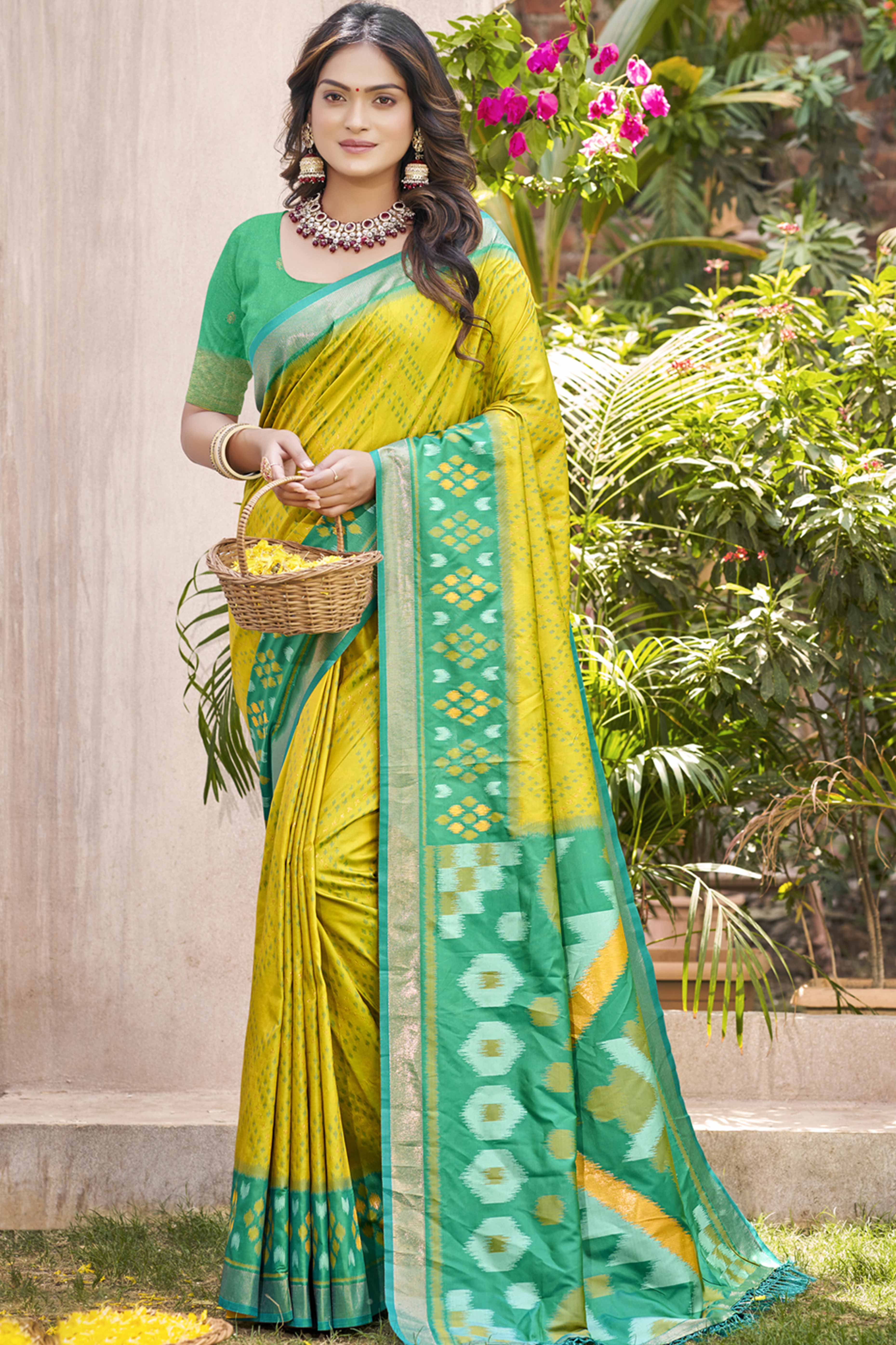 Lemon Yellow Ikkat Woven Silk Saree for Festive Celebrations
