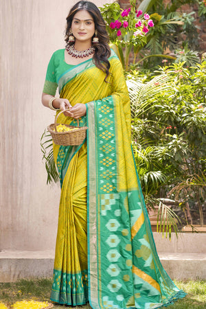 Lemon Yellow Ikkat Woven Silk Saree for Festive Celebrations