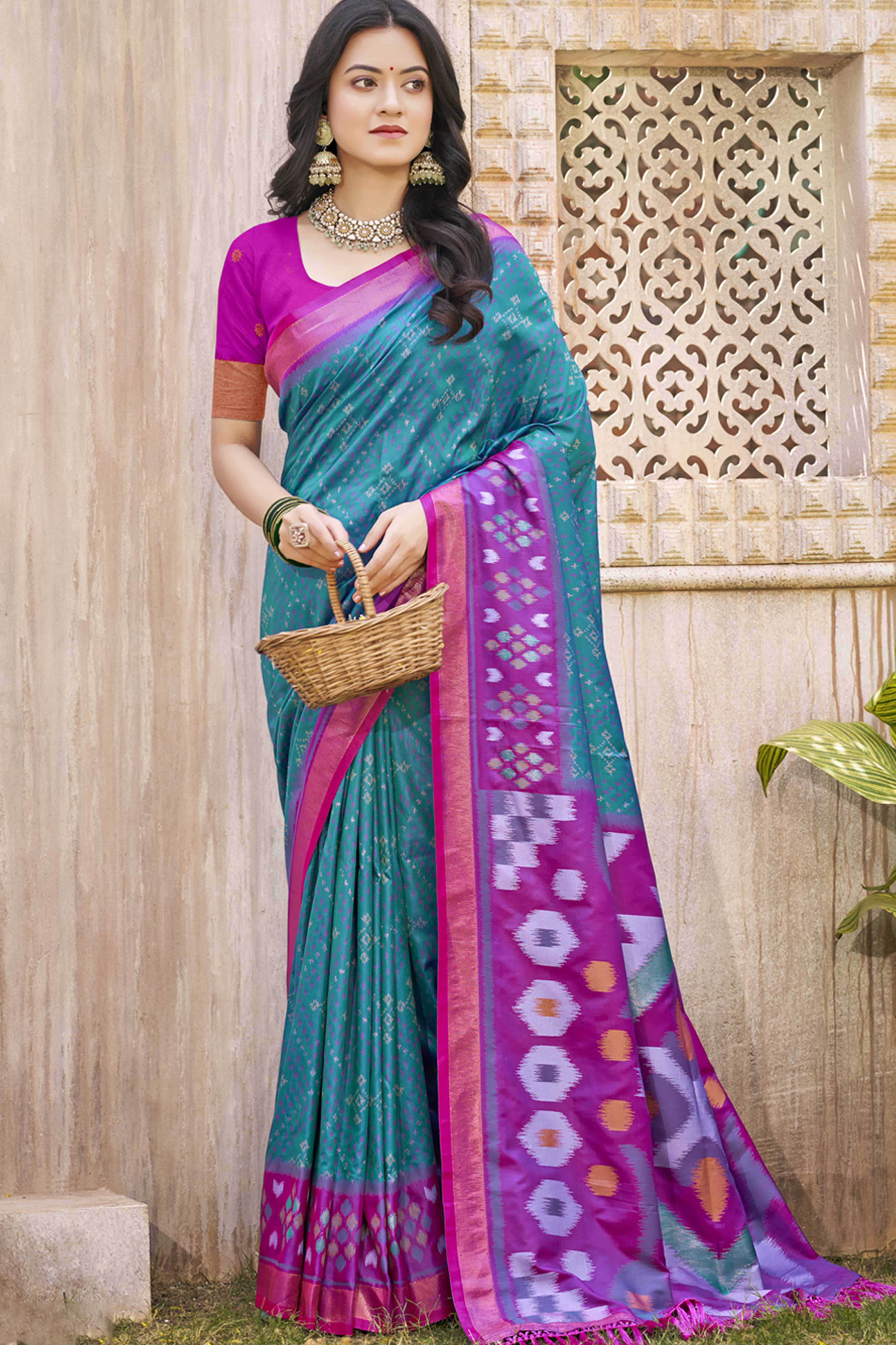 Teal Ikkat Woven Silk Saree for Festive Celebrations