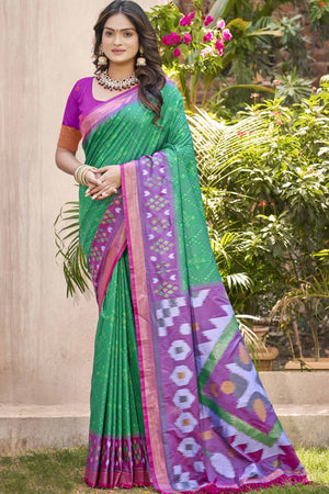 Rama Green Ikkat Woven Silk Saree for Festive Celebrations
