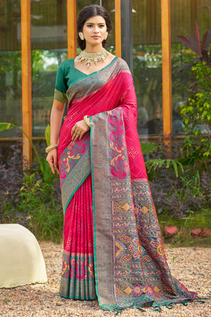 Graceful Pink Pochampally Silk Blend Saree Adorned With Floral Weaving & Stylish Tassel Pallu