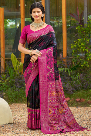 Graceful Black Pochampally Silk Blend Saree Adorned With Floral Weaving & Stylish Tassel Pallu