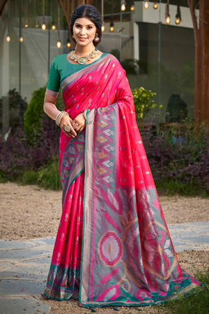 Elegant Pink Pochampally Ikkat Silk Blend Saree Featuring Intricate Weaving & Tassel Pallu