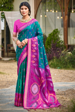 Elegant Morpich Blue Pochampally Ikkat Silk Blend Saree Featuring Intricate Weaving & Tassel Pallu