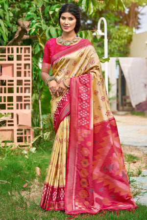 Classic Cream Pochampally Ikkat Silk Blend Saree Completed With Refined Weaving & Tassel Pallu