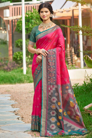 Classic Pink Pochampally Ikkat Silk Blend Saree Completed With Refined Weaving & Tassel Pallu