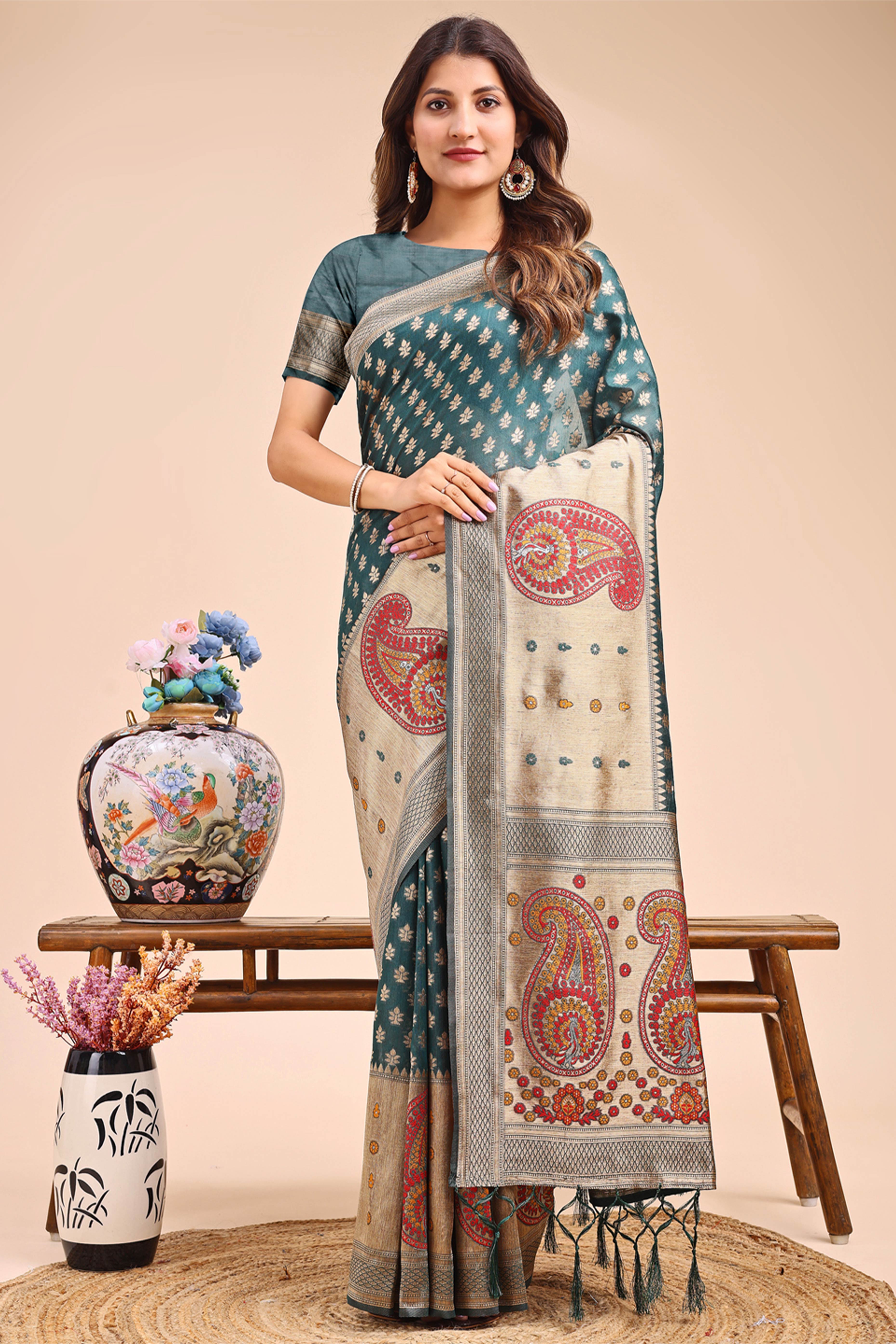 Teal Zari Butti Weaving Linen Cotton Saree