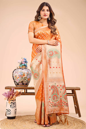 Rust Orange Zari Butti Weaving Linen Cotton Saree