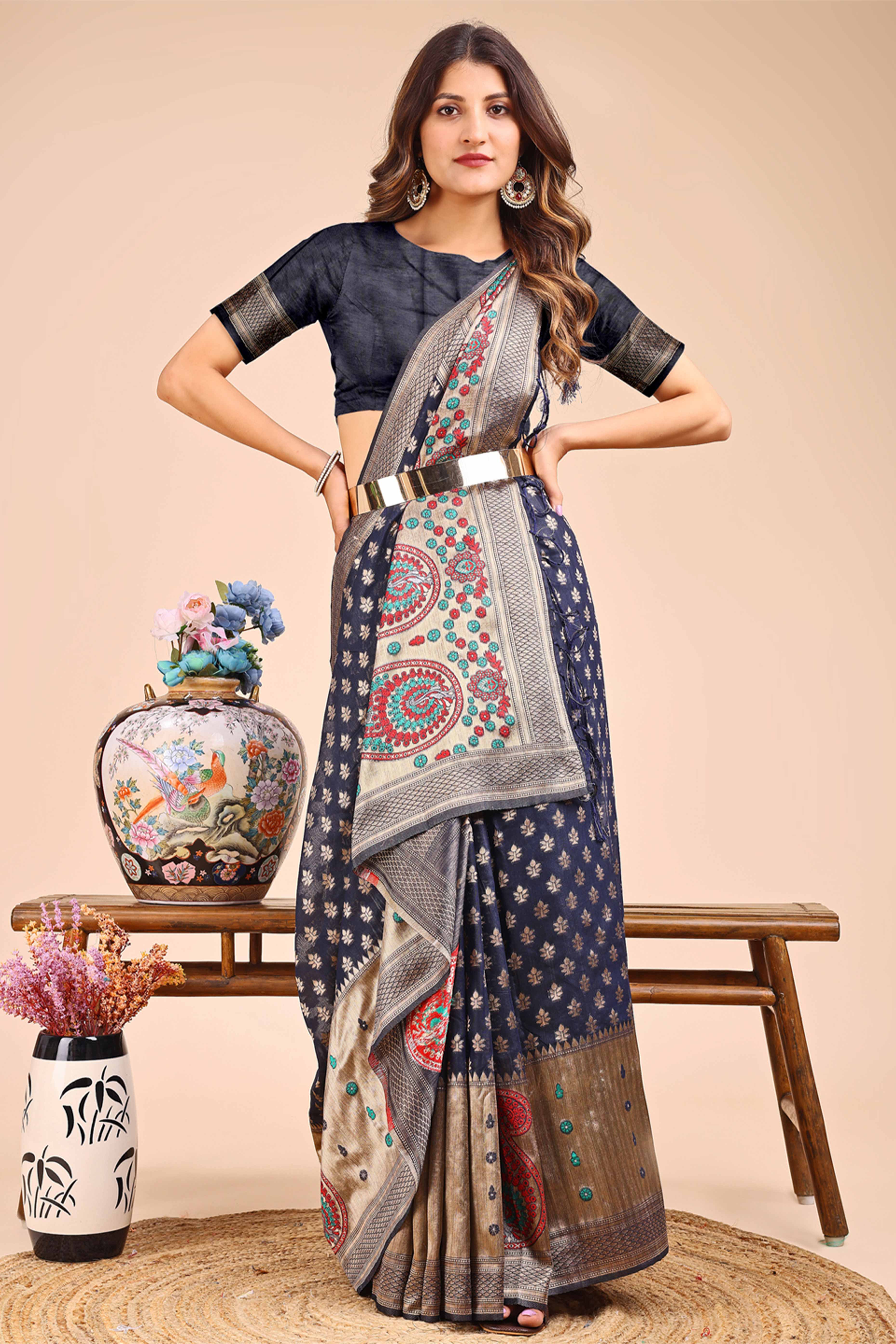 Navy Blue Zari Butti Weaving Linen Cotton Saree