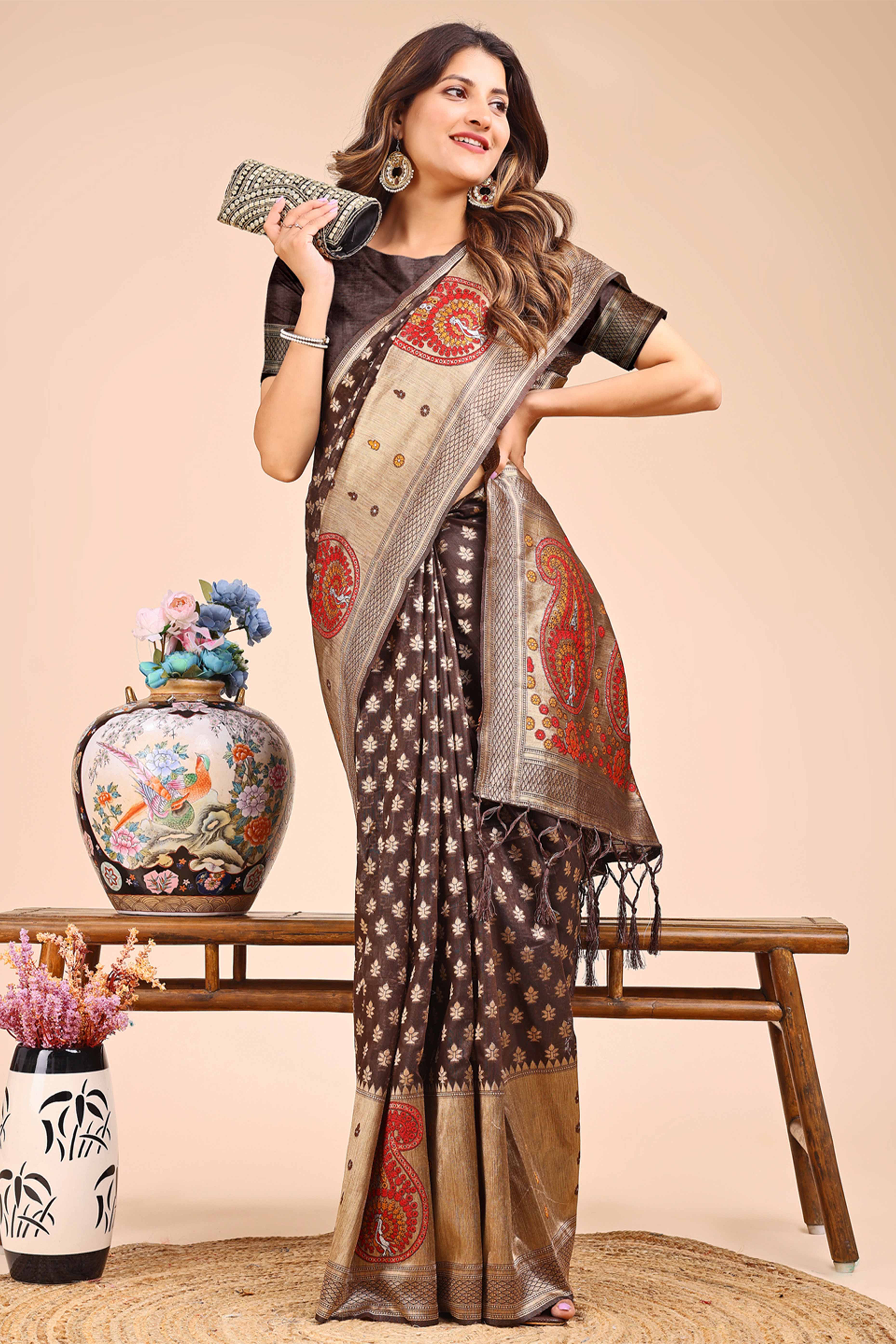 Brown Zari Butti Weaving Linen Cotton Saree